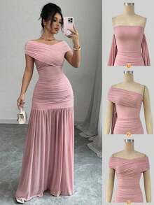 xheSelianne Vestido largo elegante plisado de un solo color con hombros descubiertos para mujerxhe - Rosa - Ver 9