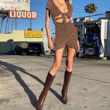 Vestido sexy escote profundo con calados y volantes, ajustado, bestseller femenino - Café - Ver 1