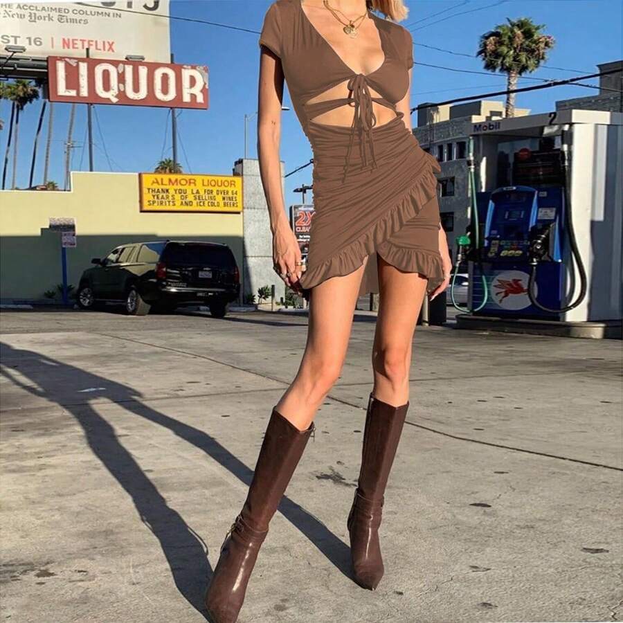 Vestido sexy escote profundo con calados y volantes, ajustado, bestseller femenino - Café - Ver 1