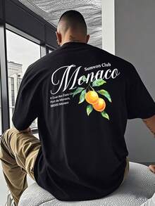 Camiseta de manga corta para hombre con estampado de letras americanas y motivos frutales de verano. - Negro - Ver 2