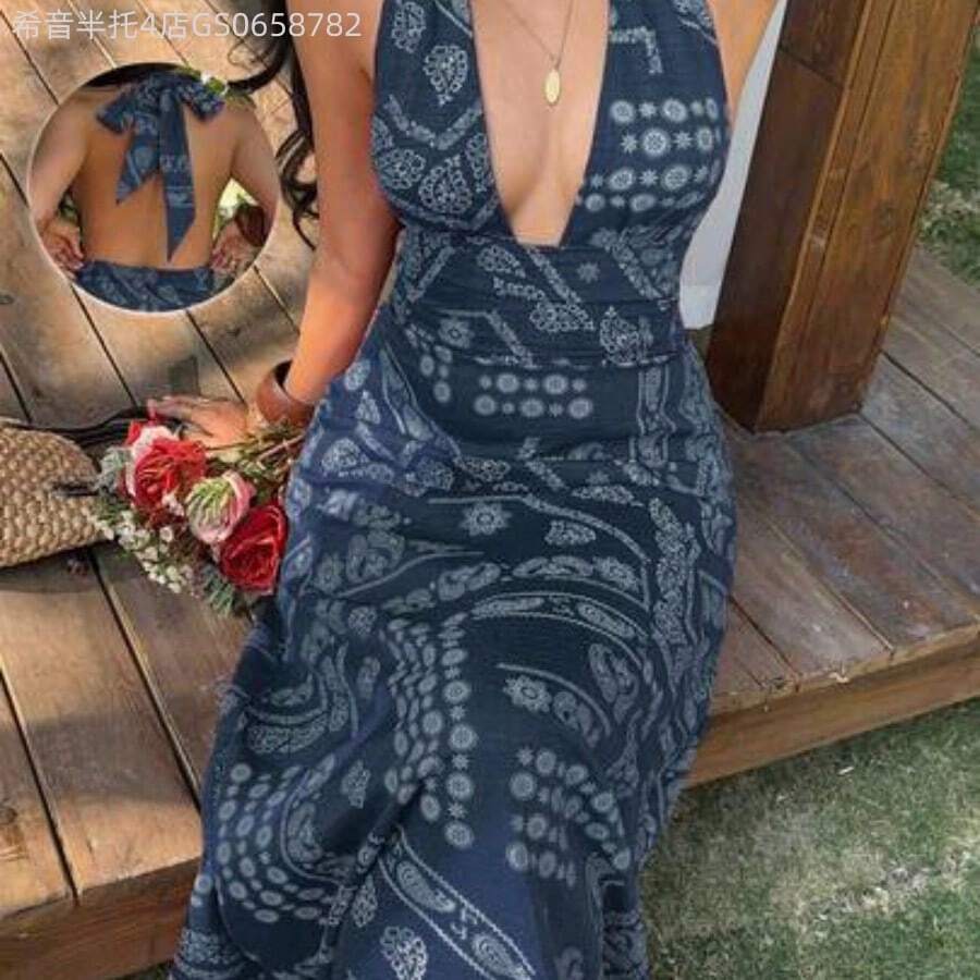 Fengyu Women's Clothing Store  Vestido vintage de ajuste ceñido con escote en V profundo, espalda descubierta y cintura con lazo, con estampado de flores de anacardo rojo, adecuado para vacaciones en la playa - Azul marino - Ver 1