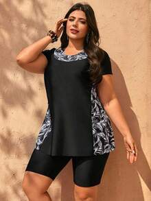 Swim  Conjunto de 2 piezas de traje de baño modesto y estilizador para mujer talla grande, con estampado de hojas en blanco y negro aleatorio y parches de unicolor, cuello alto, cintura alta, shorts y top de manga corta, para vacaciones y uso diario casual - Negro - Ver 1