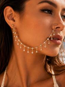 1pc Gold Rhinestone Dangle Ear To Nose Chain, Elegant Boho Beach Face Jewelry For Women, Vacation Party Statement Accessory - Gold - View 2