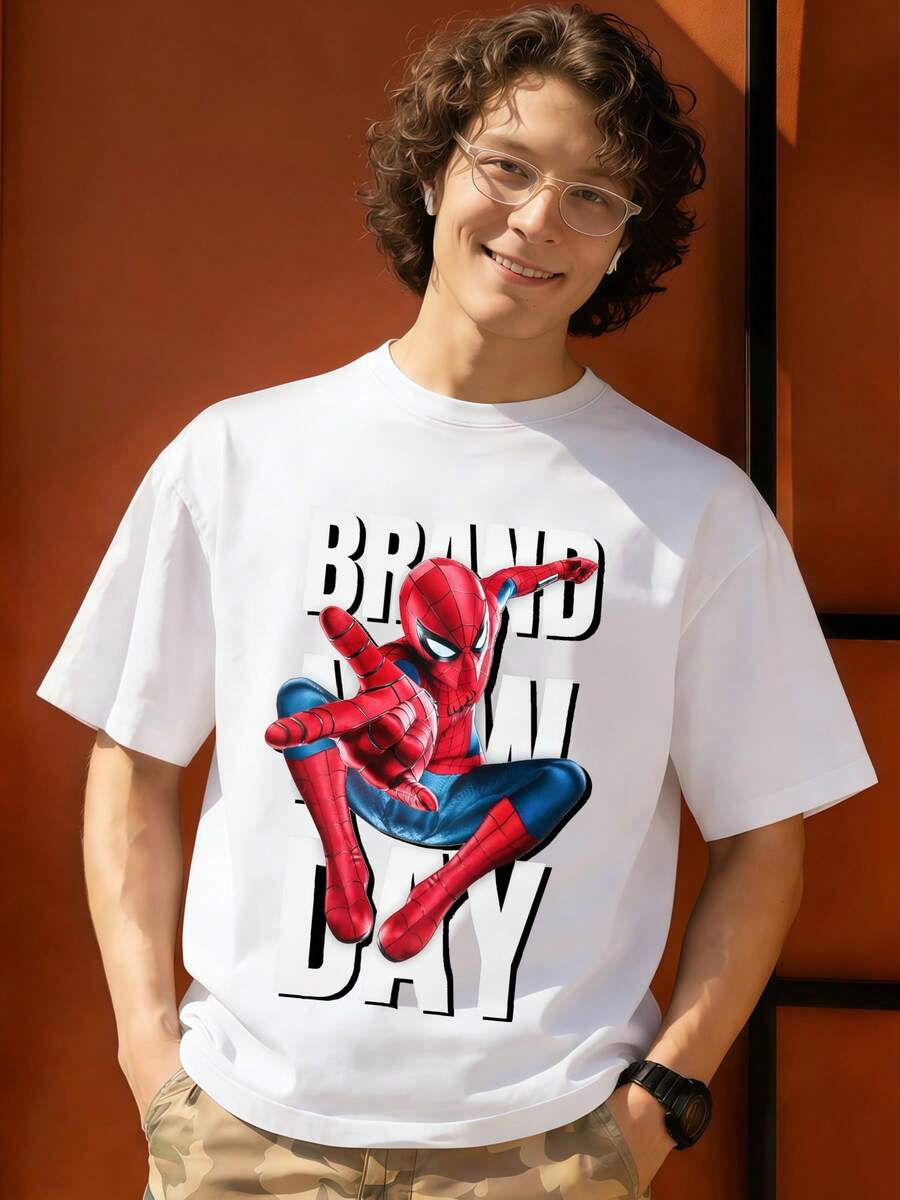 Spider Man Brand Day Graphic T Shirt 100 Percent Cotton Men's Shirt MARVEL Marvel Universe Superhero Men's Holiday Clothes Men Clothes Mens Tops Streetwear Mens Gift Ideas Innerwear Or Outfits,Mens Fashion - trắng - Xem 1