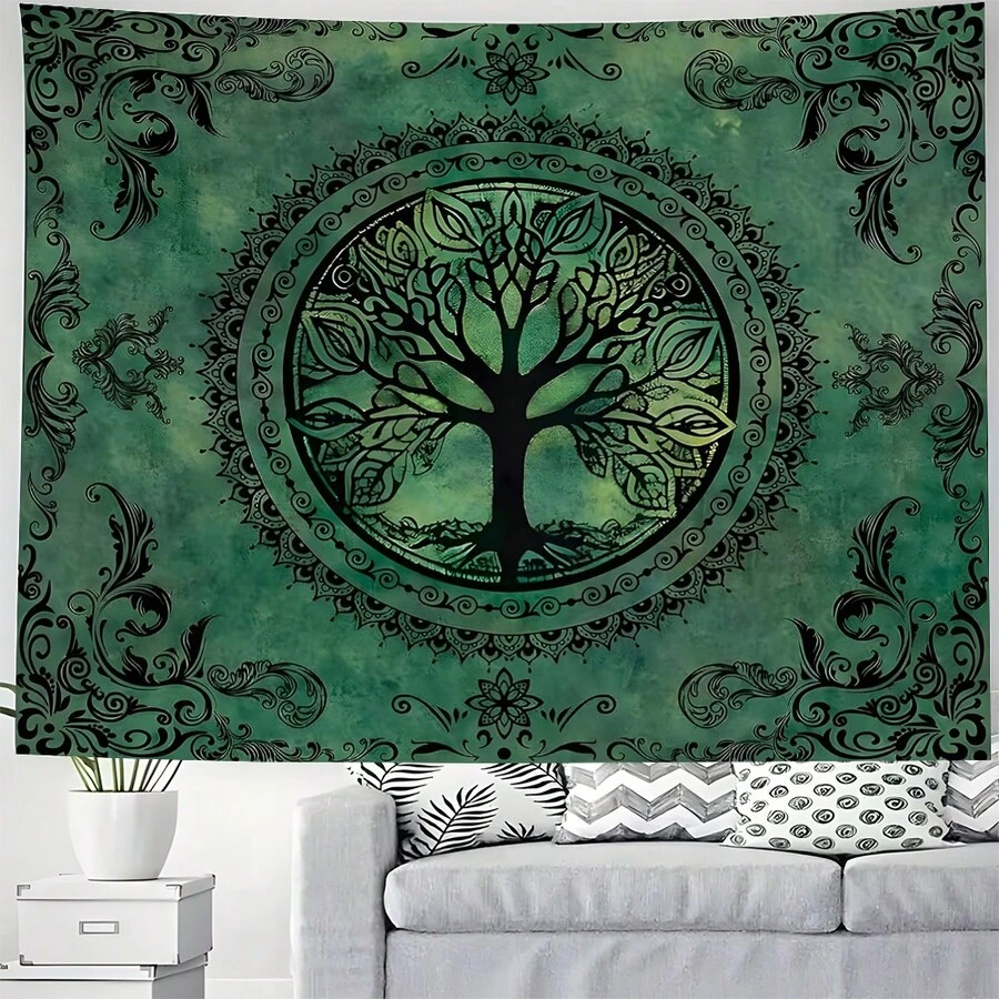 1pc Bohemian Style Green Tree Of Life Tapestry, Suitable For Bedroom Decor, Printed With Tree Of Life Mandala Pattern, Wall Hanging Design For Home Decoration - 1PC - View 1