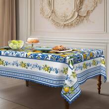 1pc Mediterranean Style Lemon Floral Tablecloth, Printed Tablecloth, Mediterranean Tile Mosaic Blue And White Color Design Pattern, Mediterranean Style, Polyester Round/Rectangular Tablecloth, Summer Decor, Indoor/Outdoor Dining Table Decor, Essential For Spring/Summer Party, Patio Picnic - Multicolor - View 5