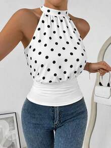 Jotten Women's Polka Dot Print High Neck Spaghetti Strap Tank Top, Sleeveless Waist-Cinched Slim Fit Camisole, Summer Casual Y2K Cropped Top, Aesthetic - Black and White - View 4