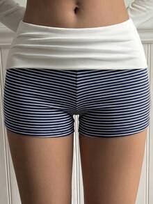 SCARLUX Summer & Autumn Y2K Women's Horizontal Striped Shorts, Folded Waist Slim Fit Shorts, Suitable For Back To School Streetwear - Navy Blue - View 5