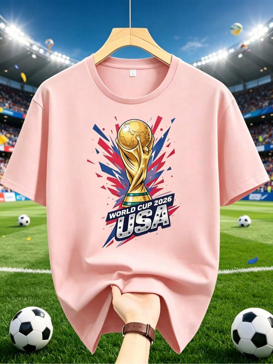 [FIFA World Cup Licensed]2026 FIFA World Cup Football Trophy Cityscape Print Men's Summer Mesh T-Shirt, Street Sports Style, Round Neck, Short Sleeves - 粉色 - 查看 1
