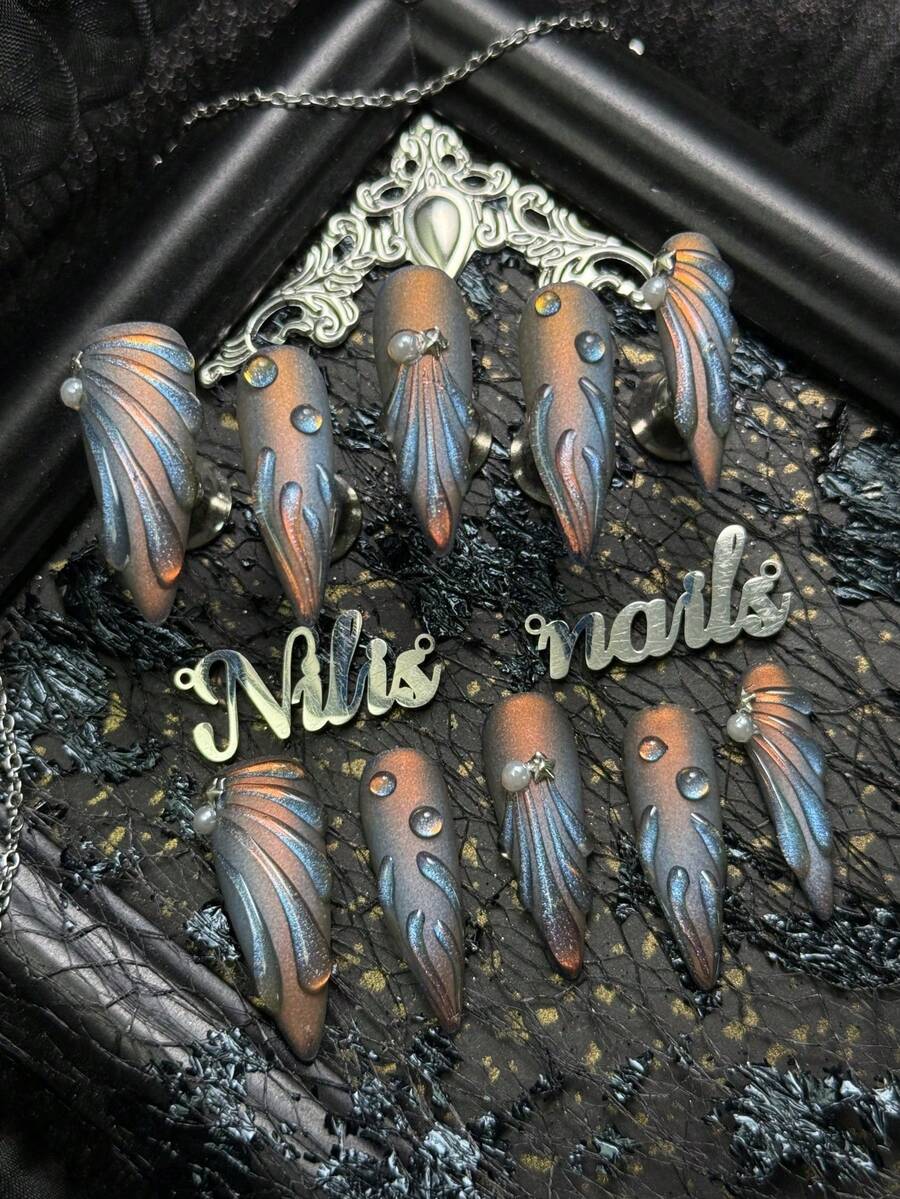 10pcs Stiletto Hand Made Press On Nails Acrylic Nail Kit, Gray Nails, Blue Cat Eyes, Matte Finish, Long Nails, Cool Futuristic Feel, Mysterious High-End Texture, Y2k Nails, (Includes: A Piece Of Jelly Glue And A Friction Strip) Nail Stuff Handmade Press On Nails