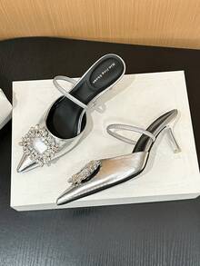 Xin Jing Shoes 女款優雅尖頭水鑽扣露趾涼鞋,性感時尚通勤與派對中跟涼鞋 - 銀色 - 查看 11