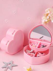 Caja de joyas portátil con forma de corazón para niñas, caja de almacenamiento de joyas de doble capa, caja decorativa, caja de regalo conmemorativa, adecuada para aretes, anillos, collares, perfecta como regalo de regreso a clases para niñas, decoración de habitación - Multicolor - Ver 3