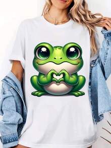 Women's Summer T-Shirt With Frog Print And Round Neck - Elegant Casual Short Sleeve Blouse For Beach Vacation And Spring Tops, Machine Washable Loose Fit T-Shirts, Women's Clothing - [白色的] - 查看 6