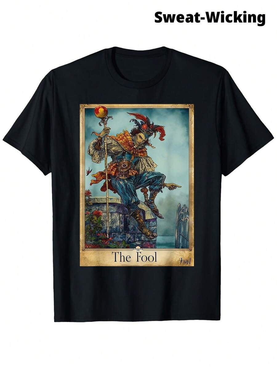 Camiseta Tarot Cards Tarot Card 0 The Fool, Camisetas de Moda, Manga Corta, Estilo Urbano, Camiseta de Manga Corta, Ajuste Cómodo, Camiseta para Hombre, Cuello Redondo, Ultra Suave, Transpirable, Absorbe la Humedad, Regalos - Negro - Ver 1