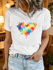 1 Piece Of Women's Summer T-Shirt, Short Sleeve And Printed, Modern And Casual, Machine Washable, Comfortable Fit, 2D Flat Print, 180g, 100% Cotton. - 白色_01 - 查看 1