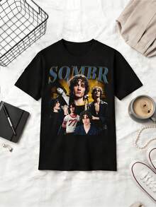 SOMBR Band Retro Multi-Cut Collage Graphic Summer Cotton Casual Short Sleeve T-Shirt - Black - View 1