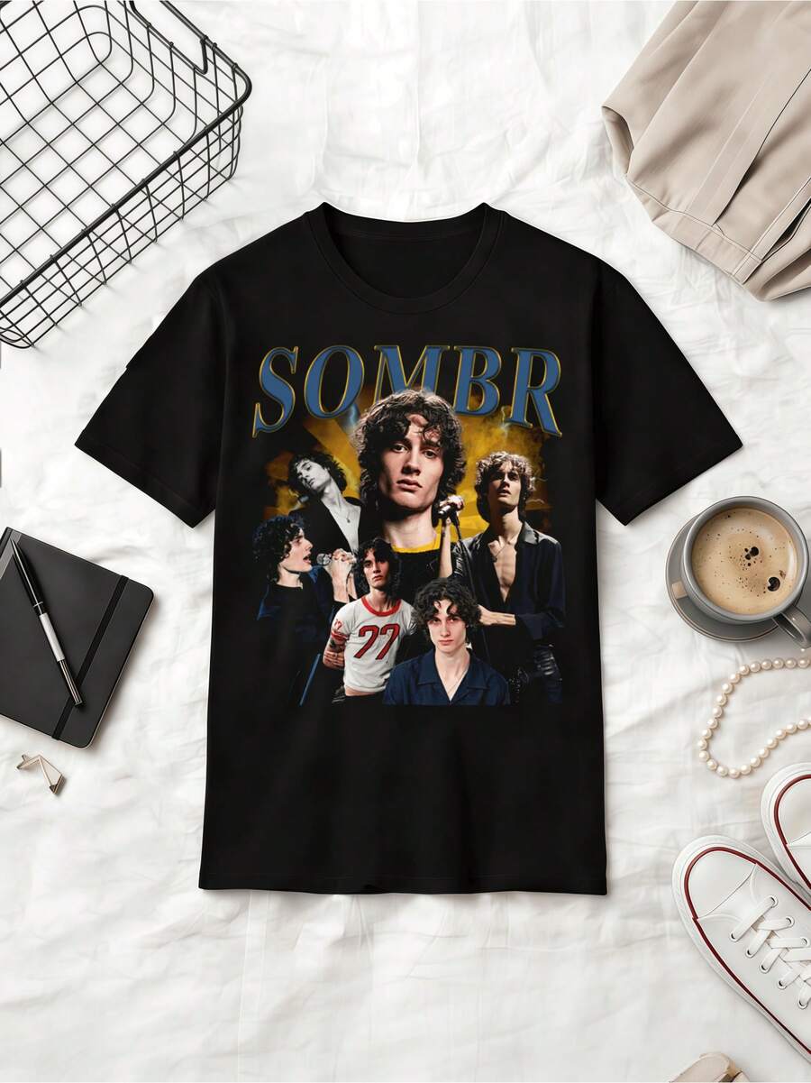 SOMBR Band Retro Multi-Cut Collage Graphic Summer Cotton Casual Short Sleeve T-Shirt - Black - View 1