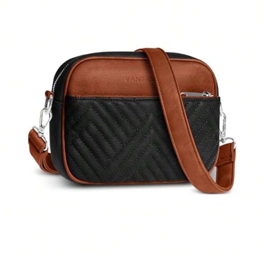 Premium Quilted Crossbody Bags For Women With Anti-Pickpocket Clip, Vegan Leather Handbags, Travel Purses For Women - 黑色和棕色,配仿皮錶帶 - 查看 1