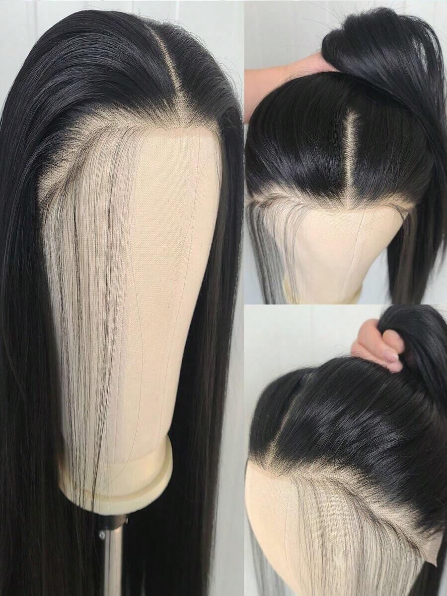 13X4 24 Straight Black Color Lace Front Wig Women - Heat Resistant Synthetic Hair, Pre-Plucked Natural Hairline And Youthful Hair, Suitable Daily Wear, Wedding, Halloween And - 黑色 - 查看 1