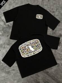 Silhouette Of A Dog On A Green And Brown Camouflage Pattern, Representing Loyalty, Strength, And Connection With Nature, Conveying An Adventurous Spirit And Confidence. Men's Double-Sided Casual T-Shirt, Comfortable And Modern For Everyday Wear. - 黑色 - 查看 8