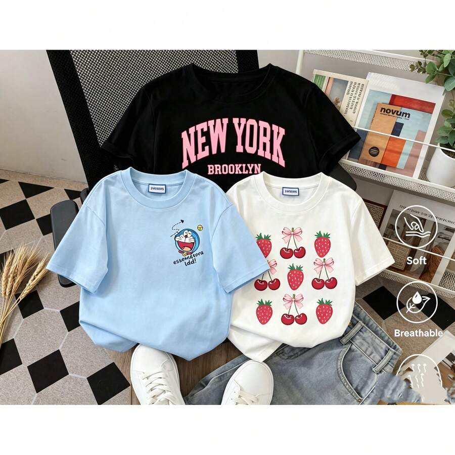 3 piezas, selección casual, 100% algodón,  caliente, camiseta casual con estampado de perro y corazón, camiseta con estampado de perro de dibujos animados, top de manga corta con cuello redondo para mujer, camisetas gráficas casuales de verano para mujer. Estilo español, casual de verano, urbano, transpirable, suave, duradero, ecológico, 100% algodón puro, cómoda, estampada, holgada, de gran tamaño. Camiseta de algodón. Camiseta casual. Orden de exportación original. Camiseta básica de color sólido para mujer, transpirable, pedido de exportación, talla grande, corte holgado, estilo minimalista para parejas, Y2K, camiseta casual. - Negro - Ver 1