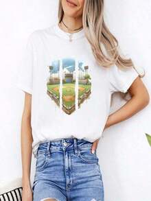 Women's Plus Size T-Shirt With 'Baseball Is My Favorite Season' Print, Casual, Black, Polyester, Short Sleeve, Crew Neck, Machine Washable, Spring And Summer Activewear, Fun Design T-Shirt, Suitable For Sports And Outdoor Activities - 白色 7 - View 1