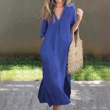 Women's Summer Bestseller Dress With Side Slits, V-Neck, 7/8 Sleeves, And Pleated Bust - 黑色 - 查看 10