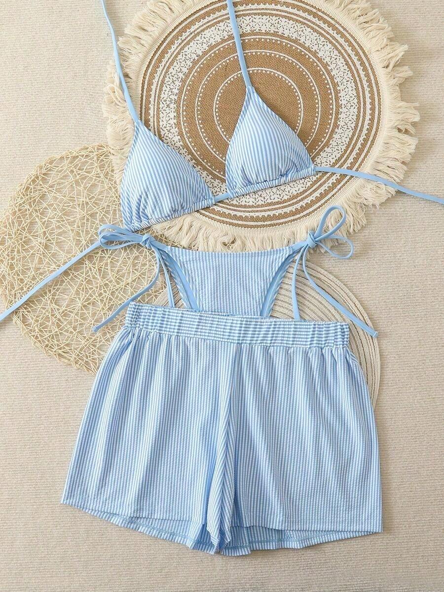 Swim Vcay Conjunto de 3 piezas de bikini con textura de tela a rayas azul y blanco, con tirantes finos y cuello halter, para primavera/verano 2026 - Azul y blanco - Ver 1