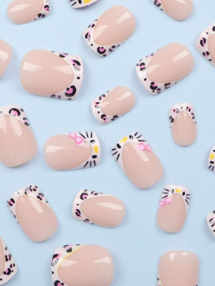 SANRIO 24片短方形仿真美甲贴片，夏季美甲粉色法式豹纹图案，三丽鸥可爱Hello Kitty钻石纯粉色蝴蝶结钻石美甲艺术合金亚克力压制美甲套装（附赠果冻胶和指甲锉），适合女性日常约会派对。 - 彩色 - 查看 4