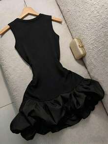 Vestido de punto con bloque de color y dobladillo abultado con cintura ceñida, silueta elegante de corte evasé adecuado para ceremonias de boda - Albaricoque - Ver 7
