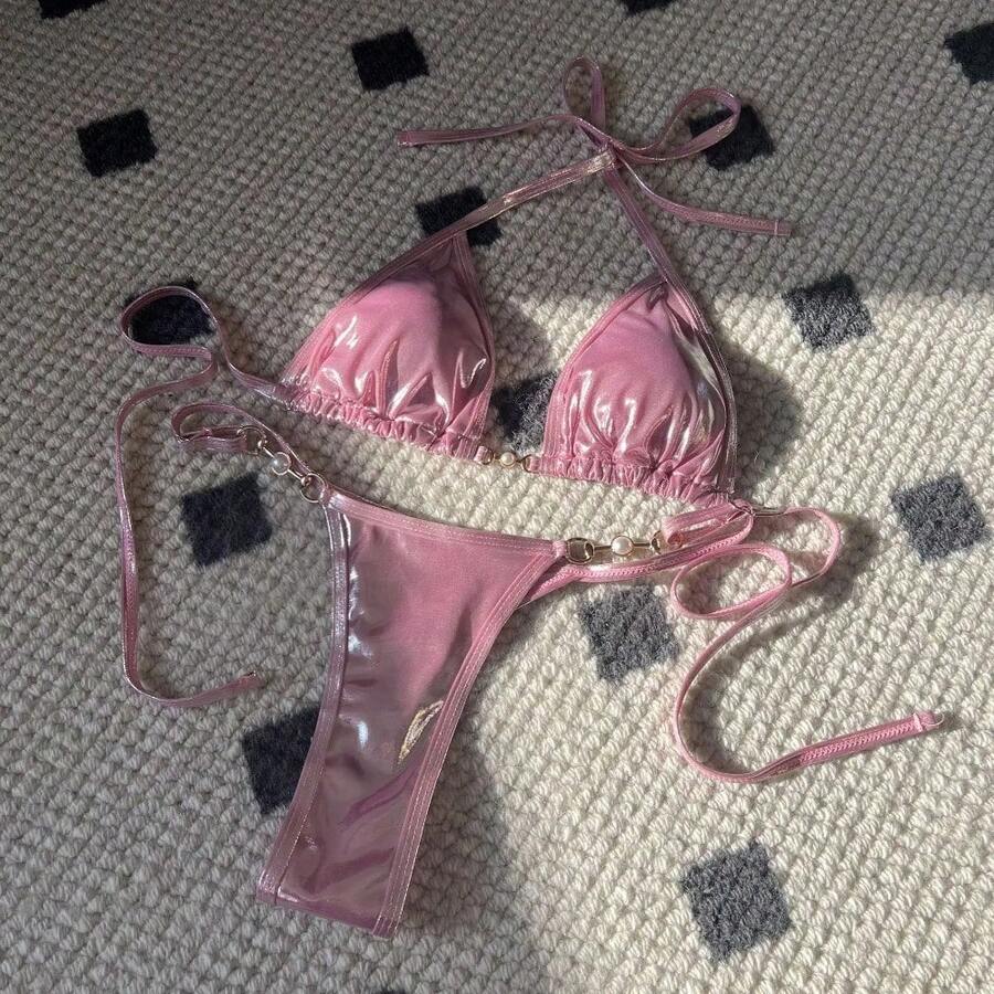 Shiny Pink Micro Bikini Set Mujer Women Sexy Push Up Thong Swimsuit Summer Bathing Suit Bandage Holiday Swimwear Women Biquine - 光澤包 - 查看 1
