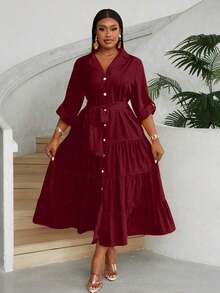 Maweii Vestido largo elegante de manga larga con cuello en V, botones delanteros, cinturón y volantes en el bajo para mujeres de talla grande - Burdeos - Ver 3