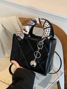 時尚新款女款手提包，純色極簡 PU 方形包，優雅時髦，適合約會、購物，百搭，附贈圍巾，情人節理想禮物 - 黑色 - 查看 4