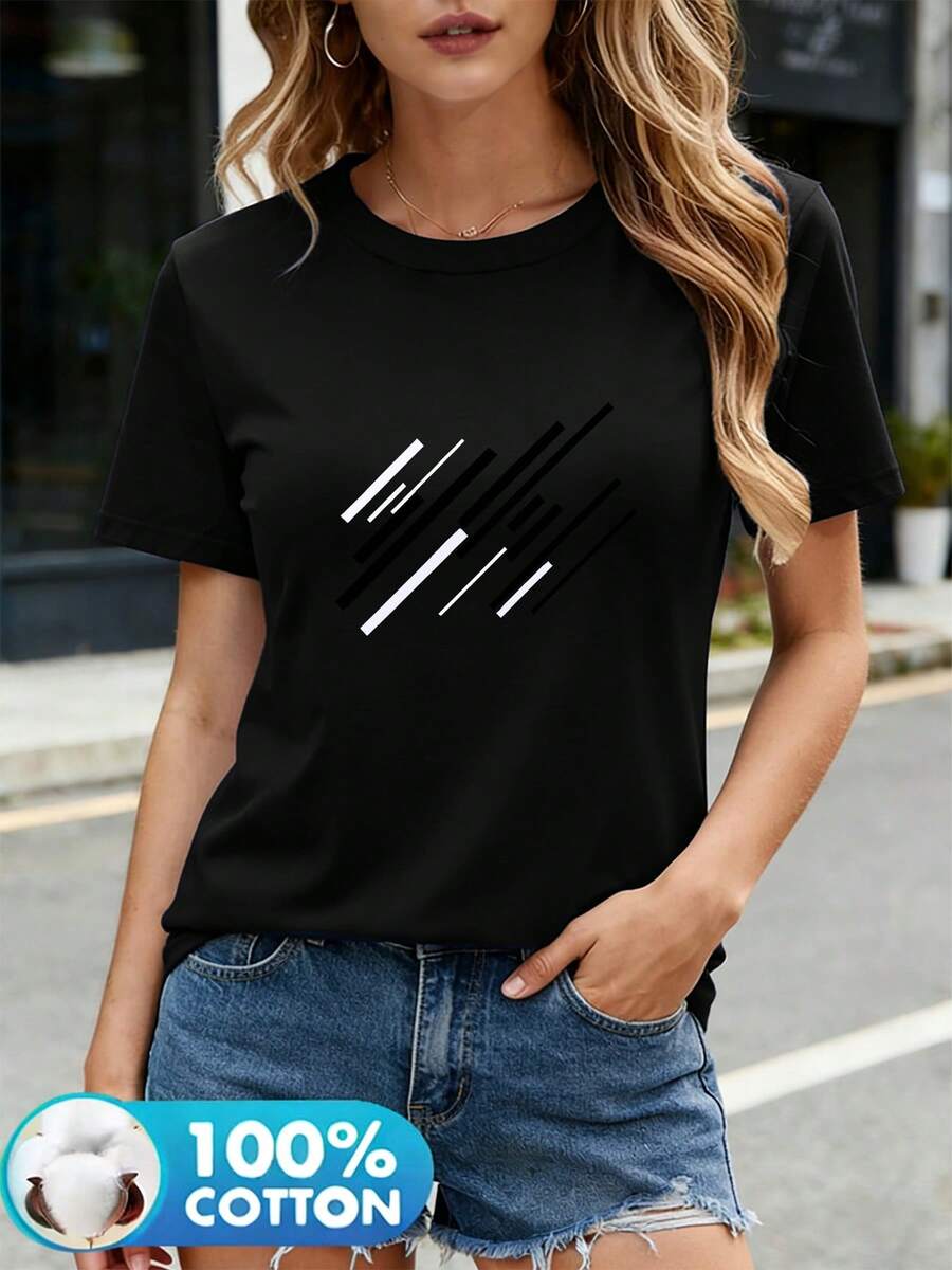 100% Cotton. Summer T-Shirt. 1pac2026 New Women's T-Shirt With Round Neck And Short Sleeves, Featuring A Black And White Diagonal Geometric Pattern Print. 100% Pure Cotton. Vintage Style. Soft And Comfortable. Loose And Simple. Casual Summer Style. - 黑色 - 查看 1