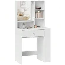 Dressing Table With Mirror, Drawer, 3-Tier Side Shelf, Chipboard, White - White - View 7