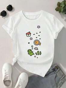 Women's Shirt With Cartoon Print, Quality Fabric, Loose Fit, Breathable, Urban Hip-Hop Style, Graphic Design. Suitable As A Gift. Women's T-Shirt. Blouses > Elegant. Boho Chic. Soft, Breathable, And Comfortable Women's Top, Ideal For Spring, Summer, And Autumn, Perfect For Vacations, Travel, And Everyday Wear. - 白色的 - 查看 6