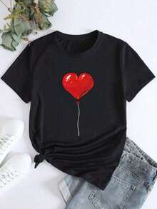Women's Camisole With Red Balloon And Heart Print, Short-Sleeved Round Neck Camisole For Spring And Summer, Pure-Cotton - 黑色 - 查看 1