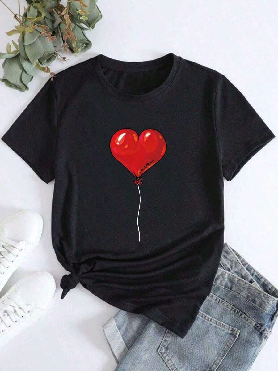 Women's Camisole With Red Balloon And Heart Print, Short-Sleeved Round Neck Camisole For Spring And Summer, Pure-Cotton - 黑色 - 查看 1