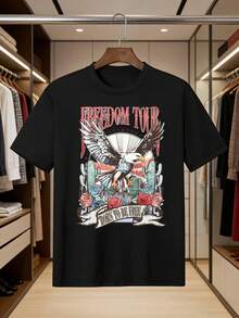Men's Casual Crew Neck T-Shirt, Relaxed Style, With A Modern Graphic Design, Bold Print "Freedom Tour Born To Be Free" With An Eagle And Cactus Design, Made Of 100% Pure Cotton, Durable Short Sleeve Casual T-Shirt, Summer Basic. - 黑色 - 查看 1