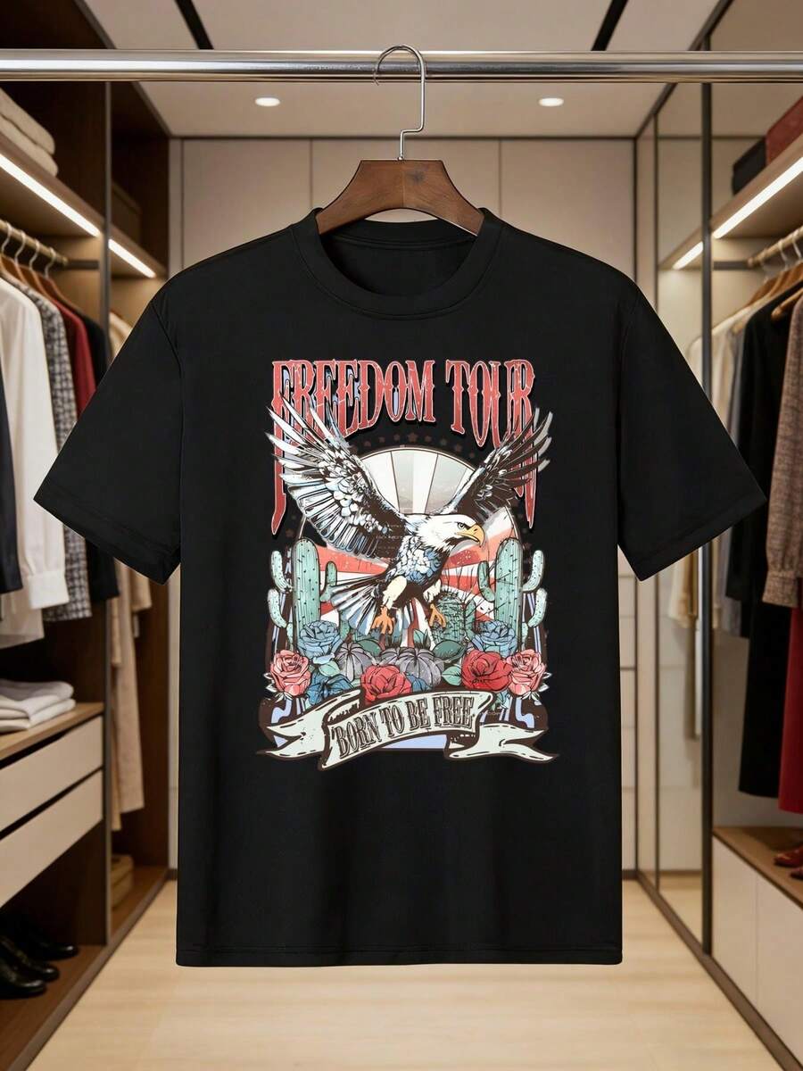 Men's Casual Crew Neck T-Shirt, Relaxed Style, With A Modern Graphic Design, Bold Print "Freedom Tour Born To Be Free" With An Eagle And Cactus Design, Made Of 100% Pure Cotton, Durable Short Sleeve Casual T-Shirt, Summer Basic. - 黑色 - 查看 1