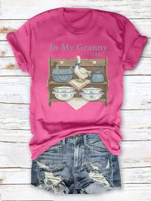 Women's Casual Summer T-Shirt, T-Shirt With The Phrase "In My Grandmother's Time", Vintage T-Shirt With Goose Kitchen Shelf Print, Granny T-Shirt. - 白色 - 查看 11