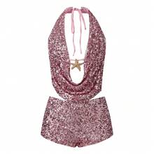 Women Summer Two Piece Outfits Shorts Set Polka Dots Print Halter Deep V Neck 3D Flower Crop Tank Top + Matching Shorts Set Slim Fitted Jumpsuit Party Clubwear Beachwear Y2K Streetwear - 亮片粉色 - 查看 7