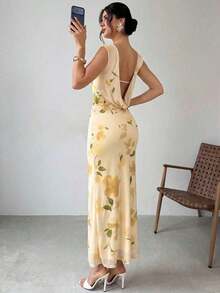 xheFirerie Vestido maxi elegante y casual para vacaciones y citas románticas, con estampado floral de malla amarilla y rosa, cuello barco, volantes sin mangas y espalda descubierta, vestido ajustado adecuado para tomar el té por la tarde, fiestas al aire libre y vacaciones de ocioxhe - Multicolor 2 - Ver 3
