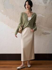 Cozy Cardigan For Women - Short Solid Color Sweater Jacket, Casual Office Wear For Autumn And Winter - 酒紅色 - 查看 4