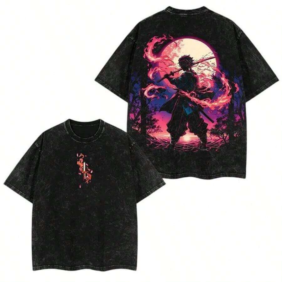 Camiseta Vintage para Hombre de Kamado de : The Train of the Infinity Arc, Tejido Grueso Lavado, Estilo Anime Clásico, Agradable al Tacto, Cómoda, Versátil para Uso Diario, Corte Holgado, Estilo para Parejas - Negro - Ver 1