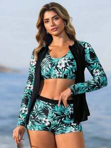 Swim Lushoire Nuevo conjunto de 3 piezas para verano de traje de baño para mujer con protección UV de manga larga, con estampado de plantas tropicales, tankini modesto y shorts.Traje de buceo popular en Europa y América para deporte y vacaciones - Multicolor - Ver 8
