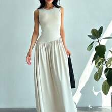 . .  Vestido largo para mujer sin mangas con cuello redondo y sólido, con pliegues y cinturón en la cintura - Verde Oscuro - Ver 2