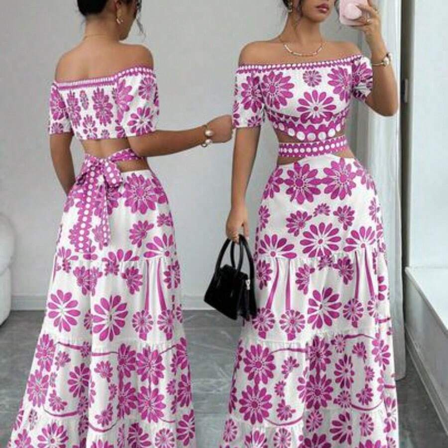 . . Vestido de moda con estampado floral, hombros descubiertos, manga corta y cintura hueca - Morado - Ver 1