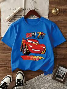 [Authorized] Lightning McQueen Print Disney Boys' Summer Round Neck Casual T-Shirt, Slightly Stretchy Fabric, Suitable For Birthday Gifts, Perfect For Daily Activities, Sports, And Travel, Summer T-Shirts For Boys - 藍色 - 查看 2
