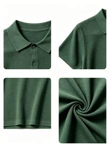 Teen Boys Minimalist Vertical Striped Knit Polo Shirt, Elastic Soft Versatile Daily Short Sleeve Knit Top - Green - View 5